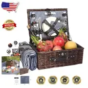 Vintage Wicker Picnic Basket for 4 with Waterproof Blanket and Insulated Cooler