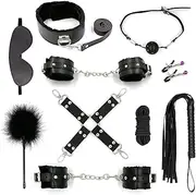 Adjustable Skin-Friendly Soft Leather Comfort Plush Restraint Set Couple Bedroom Toy Training Bed Set - 10pcs Bondage Kit (Black)
