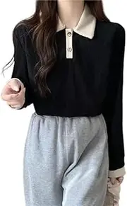 [Generic] Women's Button Front Polo Collar Drop Shoulder Pullover Top Sweatshirt (AU, Alpha, XX-Large, Regular, Regular, Black)