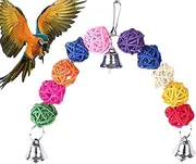 Generic Bird Chew Toys | Colorful Parrot Tearing Toy with Natural Rattan Balls and Bells, Bird Cage Toy Accessories