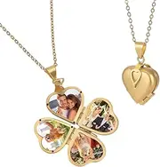 [FINGERINSPIRE] Love Heart Locket Necklace Personalized Golden Holds 4 Photos Heart Shape Pendant Vintage Four Clover Memorial Photo Locket Pendant Charms Photo DIY Charms Photo Locket Making Kits,
