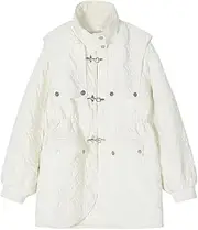 [Generic] Women's White Mid Length Button Design Down Jacket, Casual Loose Nail Bead Down Jacket