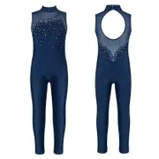 Kids Girls Ballet Dance Jumpsuit Sleeveless Rhinestone Gymnastics Workout Dance Leotards Figure Skating Unitard Stage Costumes navy blue 10-12 Years