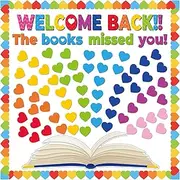 CHUNNIN Heart Reading Bulletin Board Decorations Set - Colorful Heart Cutouts & Borders - Welcome Back The Book Missed You - Classroom & Library Wall Decor Supplies