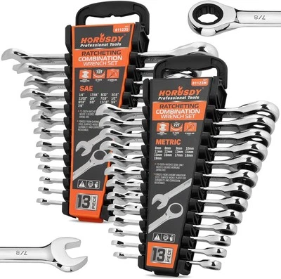 HORUSDY 26pc Ratcheting Wrench Set – SAE/Metric 72-Tooth CR-V w/ Organizer