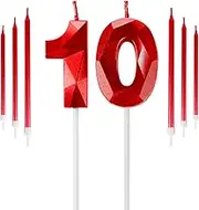 Red 10th Birthday Candles Set, Number 10 Candle with Red Long Candles, Birthday Candles for Cake, Birthday Candle, Cake Candles Cake Topper Decorations for Boys Girls Men Women Birthday Party Wedding
