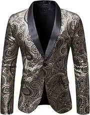 [Maiyifu-GJ] Men Casual Floral Blazer Paisley Shawl Lapel Stylish Tuxedo Jacket 1 Button Printed Slim Wedding Party Dress Suit
