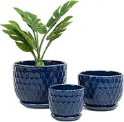 Nattol Ceramic Flower Pots with Drainage Hole and Saucer, North European Style Round Indoor Succulent Planters with Honeycomb Inspired Texture Design, Small to Medium-Sized, Set of 3, Navy Blue