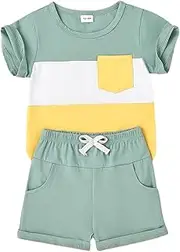 [KAFIREN] Baby Boy Clothes Toddler Boy Summer Outfits Short Sleeve Patchwork Top T-shirt & Pocket Pant Set 2 Piece 12 Months-4T