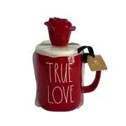 New Rae Dunn Disney Beauty And The Beast TRUE LOVE With Rose Topper Red Mug