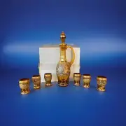 Bohemian Gold Glass Painted Decanter Handle Set 6 Cordial Shot Glasses Vintage