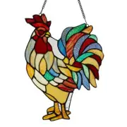 Stained Glass Window Panel Red Rusty Rooster Sun Catcher Wall Decorative Chain