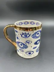 Anthropologie Insight Mug Hamsa Blue Evil Eyes Stoneware Handpainted Decaled New