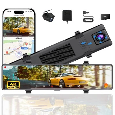 4K Mirror Dash Cam Front and Rear, 12'' Dual WiFi Dashcam for Cars with Voice...
