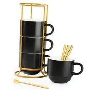 Porcelain Stackable Coffee Mugs Set With Rack, Espresso Cups with Stand Stir