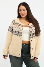 Multi Aztec Knit Cardigan Long Sleeve Crew Neck