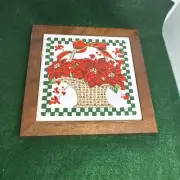 Christmas Holiday Poinsettia Ceramic Trivet Wall Plaque in Wooden Frame ~NEW(#12