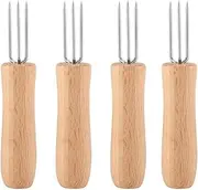 4PCS Stainless Steel BBQ Forks with Wooden Handle, 10.5 cm Heat Resistant Corn Holders Meat Skewers, Non Slip Barbecue Tools for Outdoor Camping Backyard Parties