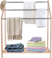 3-Tier Towel Rack, Bamboo Free Standing Beach Towel with Storage Shelf for Bathr