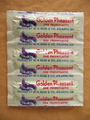NOS VINTAGE GOLDEN PHEASANT CONDOMS / RUBBERS STRIP OF 3, NOT FOR USE