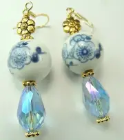 Porcelain Flower Earrings with Flowers & Briolette Crystal Handmade Jewelry