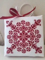 Counted cross stitch completed Ornament Wall Hanging Redwork Irises
