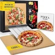 AMZBBQ® Premium Pizza Stone – 100% Made in Germany – for Oven and Gas Grill up to 1300 °C – Set of 3 Including Stainless Steel Pizza Peel and Recipe Book