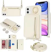 for iPhone 11 Crossbody Case with Card Holders Money Slots Zipper Coin Purse Rotatable Ring Kickstand Cover Wristlet Strap Lanyard Litchi Leather Wallet Flip Cover for iPhone11 White