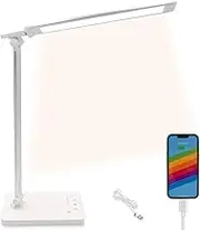 Qualore Desk Lamp, Led Bedside Table Lamp with USB Charging Port, 5 Color Mode, 5 Brightness Level, Touch Control, Auto Timer, Eye Caring Light for Home Office Study Bedroom Nail Kids (White)