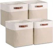 [VIIHTYISA] Fabric Storage Box, Set of 4, Cube 30 x 30 x 30 cm, Storage Boxes with Imitation Leather Handle for Cube Shelves, Shelves, Wardrobe, Khaki and White