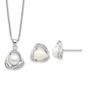Solid Sterl Silver White Button Cultured Pearl Necklace Post Earrings Set 17"