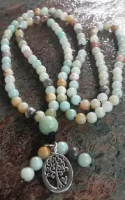 Mala Beads Sterling Silver925 Tree of Life Meditation 108 Amazonite Crystal Yoga