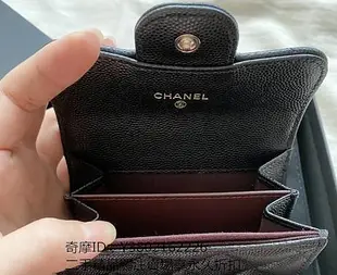 二手 CHANEL 香奈兒 短夾 荔枝紋牛皮 羊皮 黑色 金扣 零錢包 雙層卡夾 卡包 A31504