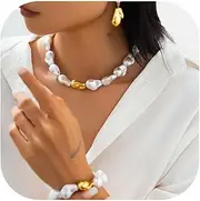 [Dcfywl731] Pearl Jewelry Set for Women Pearls Necklace and Earring Set Chunky Pearl Necklaces for Women Prom Jewelry Big Pearls Charm Choker Wedding Jewelry Sets for Brides