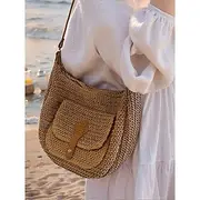 Women's Large Capacity Handmade Woven Straw Saddle Bag Shoulder Bag - Bohemian Crossbody Bag with Front Pocket, Summer Beach Tote Bag, Casual Travel Tote Bag f