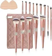 14-Piece Makeup Brush Set,Ultra-Soft Vegan Bristles for Foundation, Powder,Blending,Contour & Eyeshadow,with Rhinestone Handles, Travel Pouch,Dual Brow Brush & 2 Sponges,for Beginners & Pros