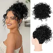 Messy Wavy Bun Hair Pieces for Women Curly Drawstring Ponytail Updo Hair Bun, Thick Curly Hair Bun Clip on Ponytails for Women SyntheticTousled Updo Hair Buns Extension (1B, 25CM)