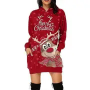 Womens Merry Christmas Reindeer Printed Dress Hooded Pullover Hoodies Top Xmas Party Mini Dresses -NMAOV Red M