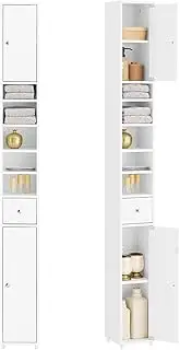 SoBuy 180cm Tall Slim Bathroom Storage Cabinet, Freestanding Floor Standing Cupboard with 2 Doors & 5 Adjustable Shelves, Space Saving White Organizer BZR34-W