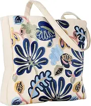[Miss Adola] Aesthetic Embroidery Tote Bag for Women - Reusable Canvas Cute Shoulder Bag for Shopping, Grocery, Work, Book