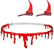 [Generic] Dripping Blood Choker Necklace and OX Horn Hair Clip Halloween Party Small Demon Vampire Costume Accessory