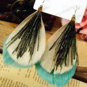 BIG teal aqua BOHO FEATHER EARRINGS peacock bird BLUE-GREEN wild feathers