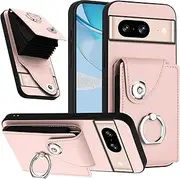Case Compatible with Google Pixel 8 Wallet Magnetic Clasp [PU Leather + Shell + Card Holder] Ring Kickstand Pink