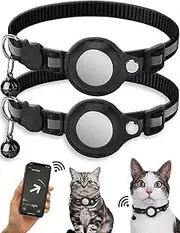 2 Pack Airtag Cat Collar with Breakaway Bell, Cat Collar Accessory with Safety Buckle for Apple Air Tag, Reflective Airtag Cat Collar Waterproof Airtag Holder Quick Release for Kitten Puppy (Black)