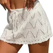[LYSINK] Women Crochet Bikini Bottoms Cover Ups Mini Skirts High Waist Drawstring Beach Knitted Coverups Skirt for Summer