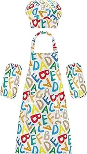 AIXIWAWA Kids Apron Chef Hat Set, Child Kitchen Bib Aprons Adjustable for Cooking Baking Painting (Colored English Letters)
