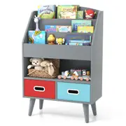 Costway 3-Tier Bookshelf Bookcase Book Storage Organizer w/2 Drawers Grey