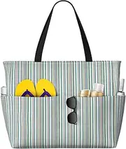 [Ghjkfbf] Vertical Stripes Print Large Capacity Beach Travel Bag For Family, Beach Tote Bag For Women With Zipper Pockets, Black, One Size
