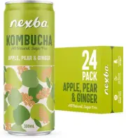 Nexba Kombucha – Apple, Pear & Ginger – All Natural Sugar Free – 24 X 330Ml Cans