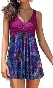 [SHEKINI] Women's Summer Dress Swimdress One Piece V Neck Swimming Costume Splice Printed Mesh Soft Cup Padded Elegant Bathing Suit Swimwear Tummy Control with Boyshort